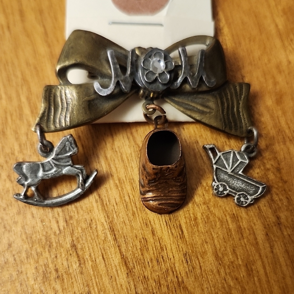 Antique Mom Bronze, Gold and Silver Tone Charm Brooch